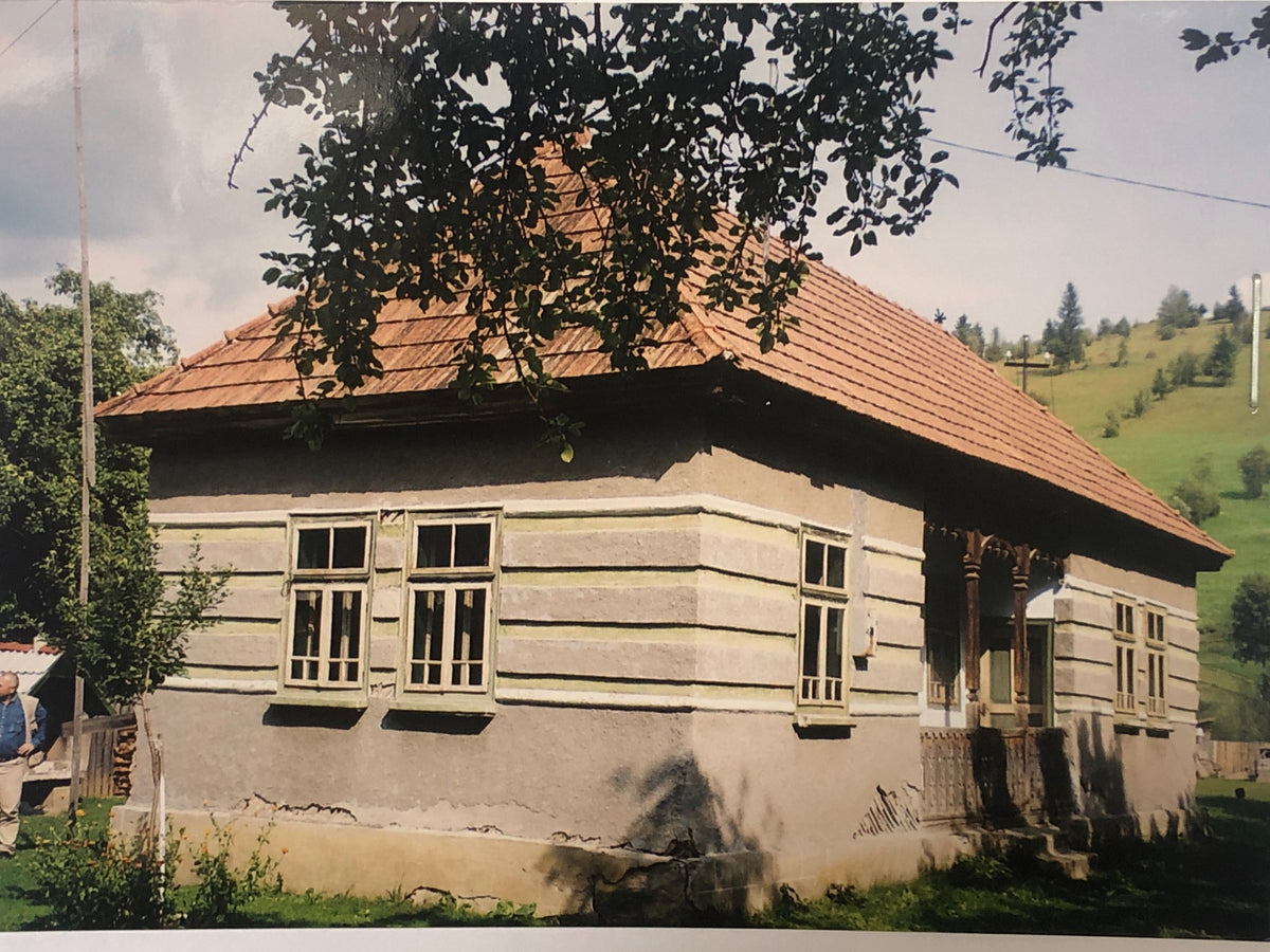 Archival photograph of the Andrika house in its original condition, before renovation, with a person in the garden.