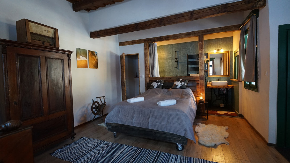 Bedroom with an antique wooden wardrobe, a vintage radio, and an open ensuite bathroom nook with a vessel sink.