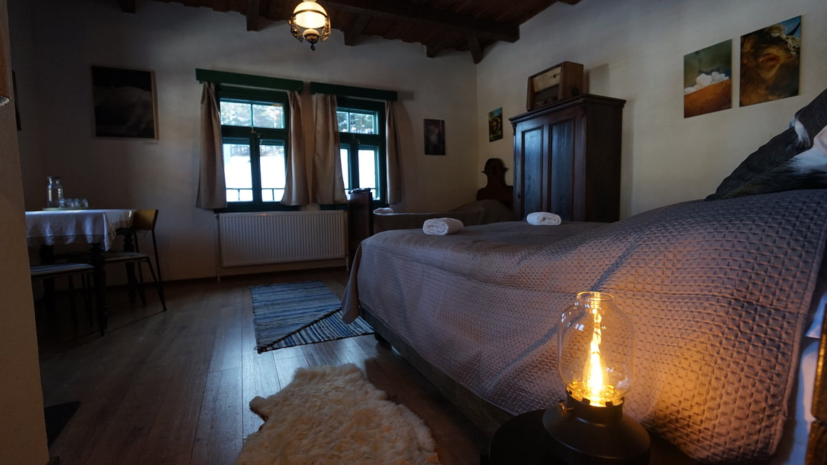 Cozy bedroom with a sheepskin rug, wood-beamed ceiling, and a lit lantern-style lamp beside the bed.