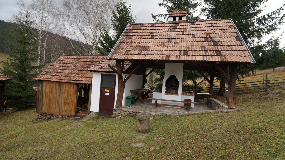 Covered outdoor gazebo with a built-in brick fireplace, picnic table and bench, next to a small wooden shed.