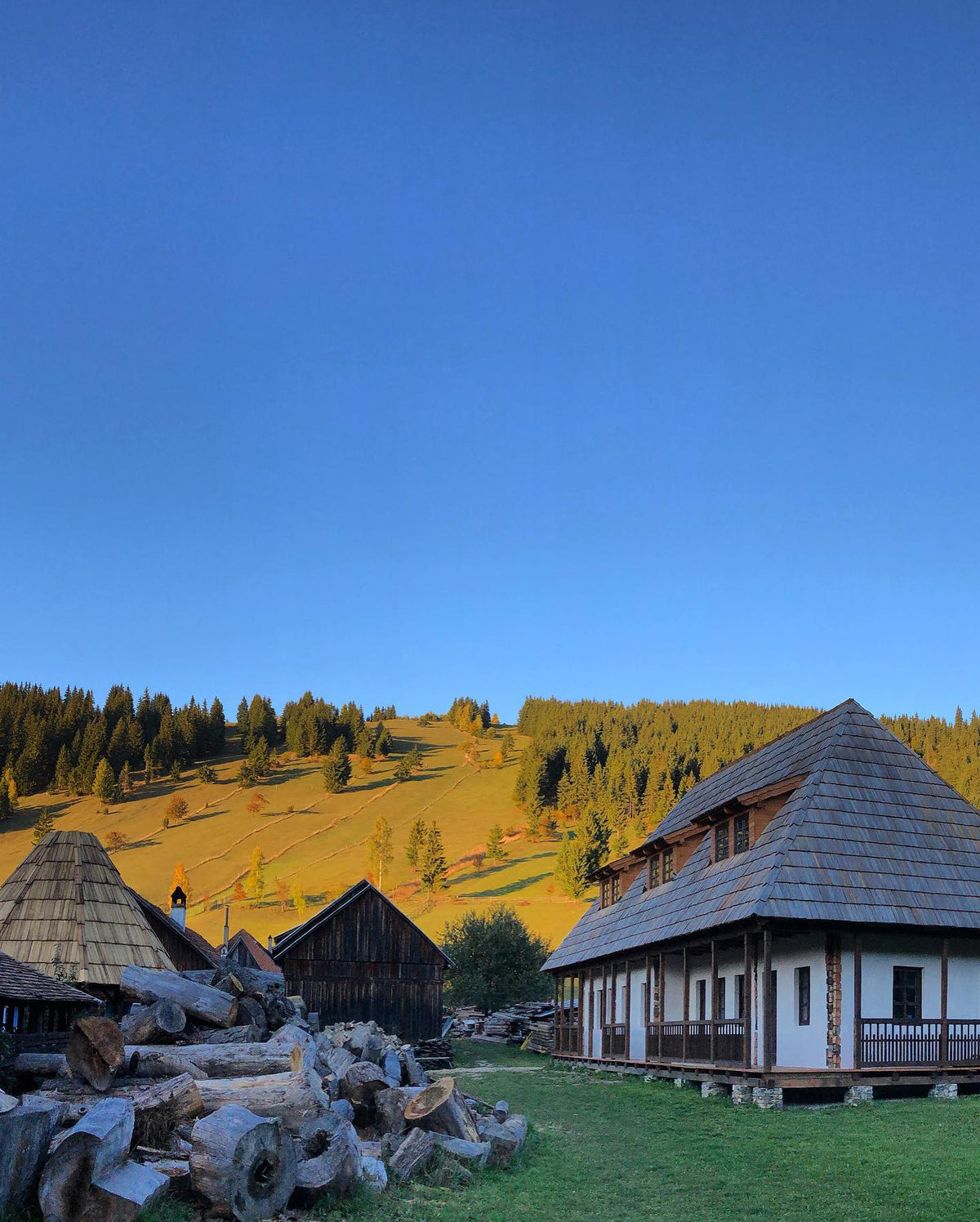 Csorja house glowing at sunset, with stacked cut logs in the foreground and sunlit hills behind.