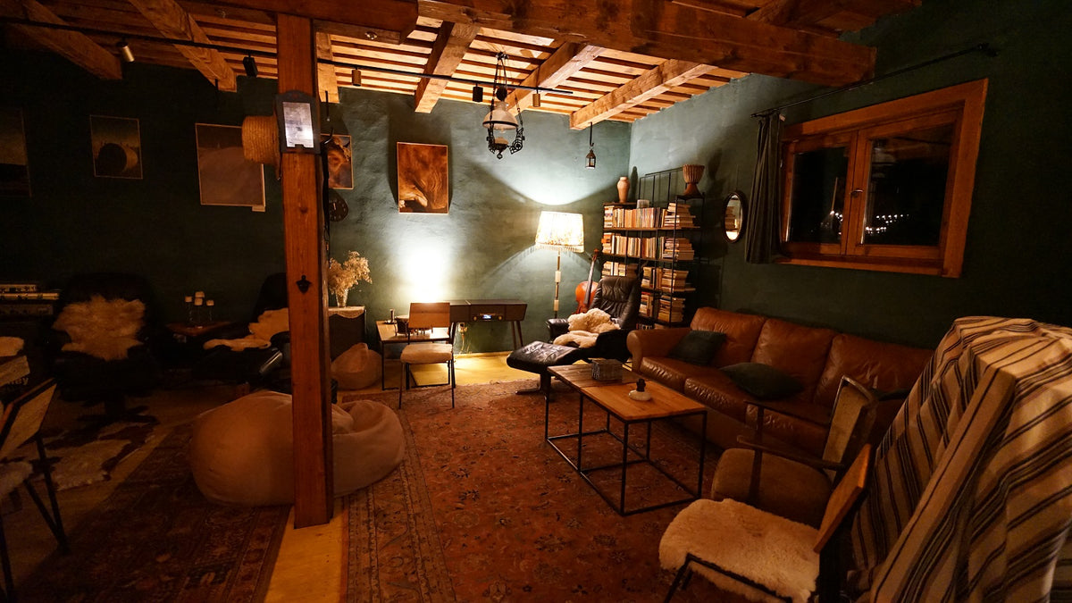 Evening view of the club lounge, with a brown leather sofa, bean bags, and a cello beside a bookshelf.