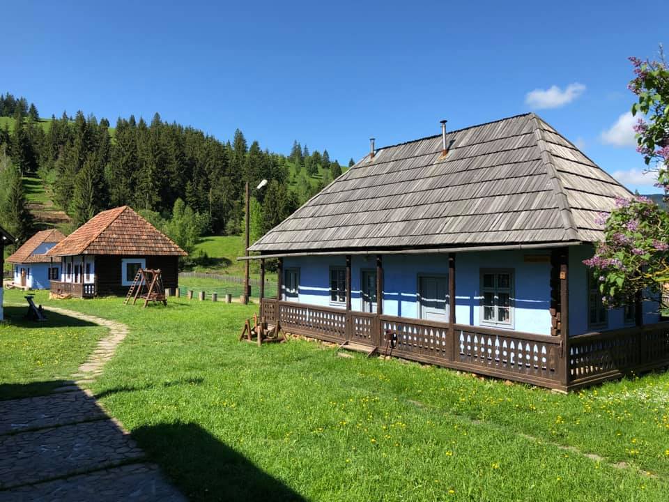 Nagygyimesi house on a sunny day, with a blooming lilac bush and another wooden house visible behind it.